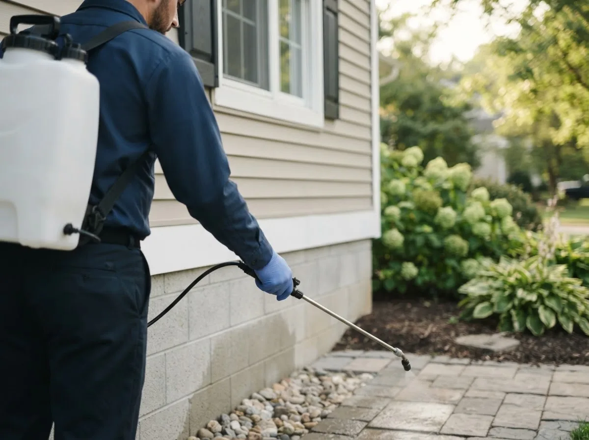 Pest control technician inspecting a home in Blossvale, NY